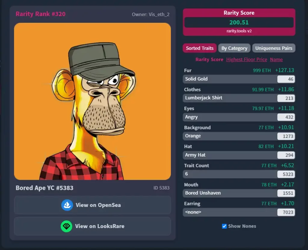 Capture d'écran de Rarity Tools pour le Bored Ape #5383 vendu 1 478 000$